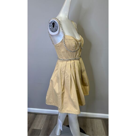 NWT SELF PORTRAIT BEIGE DIAMANTE DENIM MINI DRESS $495 - Picture 9 of 12